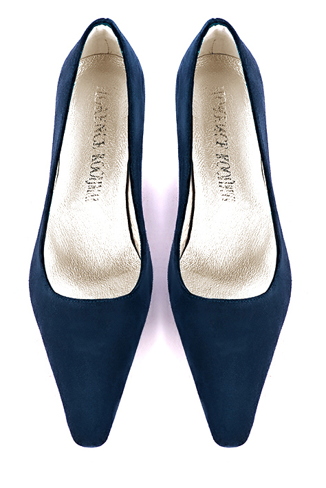 Navy blue women's dress pumps,with a square neckline. Tapered toe. Medium spool heels. Top view - Florence KOOIJMAN